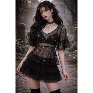 Whimsy Goth Sheer Mesh Floral Embroidered Top Fairycore Dark Romantic Peplum SM